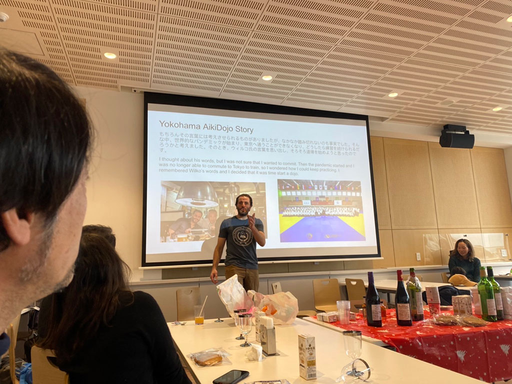 Guillaume Sensei explaining how he was encouraged to open a dojo by the International Aikido Federation’s chairman and vice-chairman Mr Wilko Vreisman and Mr Kei Izawa.